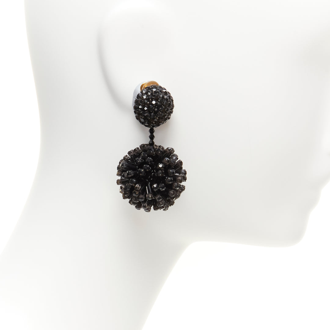 OSCAR DE LA RENTA black beaded crystal double ball drop clip on earrings