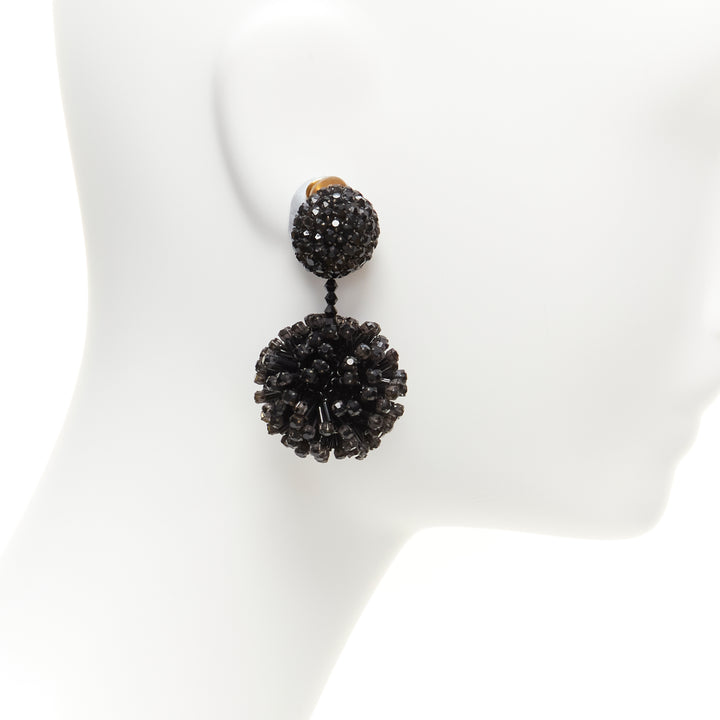 OSCAR DE LA RENTA black beaded crystal double ball drop clip on earrings