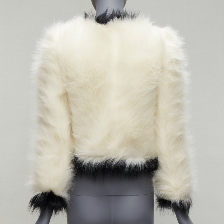 SAINT LAURENT 2021 Runway cream black faux fur cropped jacket FR34 XS