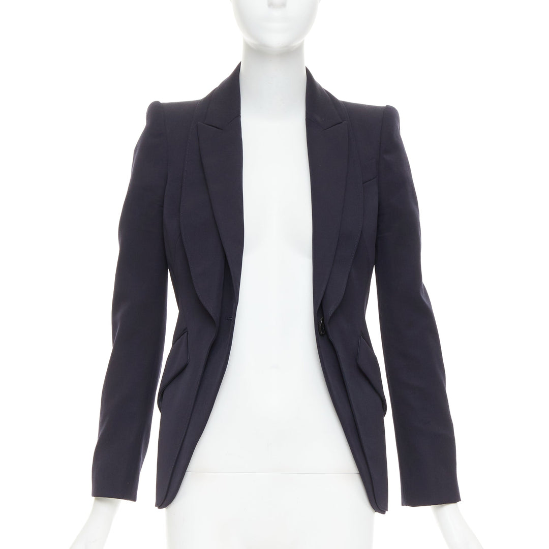 ALEXANDER MCQUEEN 2017 navy wool layered double collar blazer jacket IT38 XS