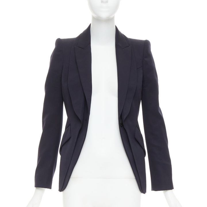 ALEXANDER MCQUEEN 2017 navy wool layered double collar blazer jacket IT38 XS