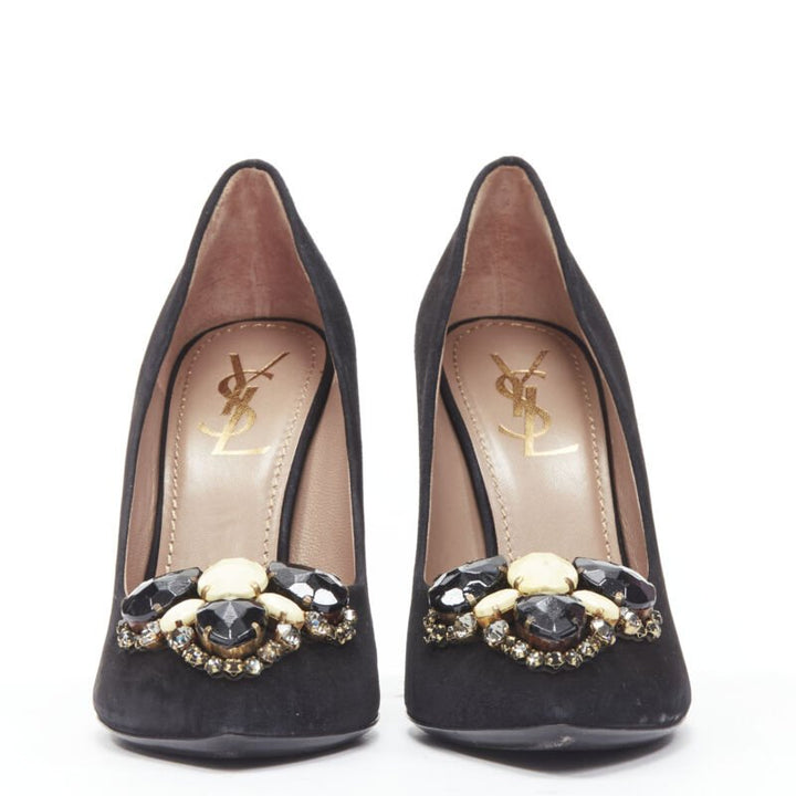YVES SAINT LAURENT Charlie 105 black suede rhinestone jewel heel pump EU37.5