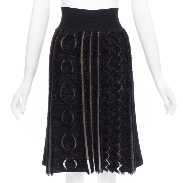LOUIS VUITTON black wool blend grey lucid mesh cutout knit knee skirt XS
