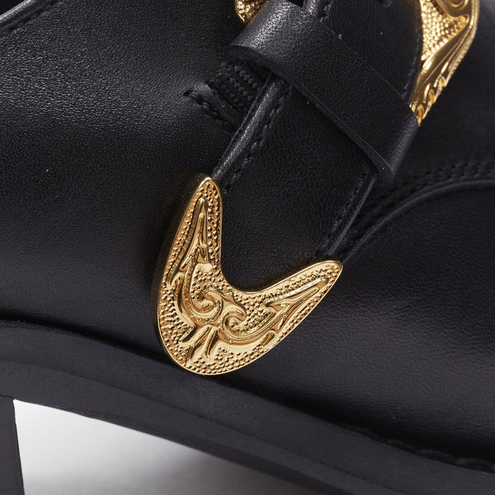 VERSACE 2019 black leather gold Medusa toe western buckle cuban mule EU37