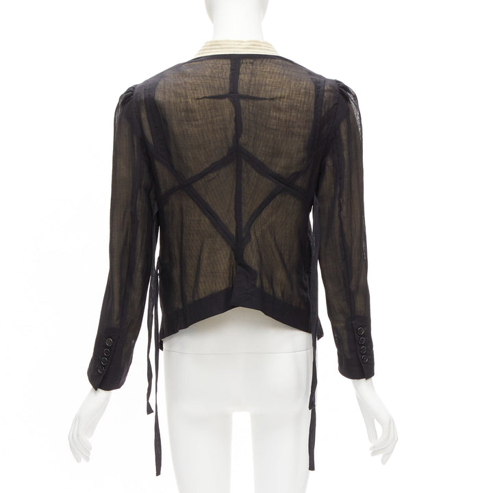 ANN DEMEULEMEESTER black overlay sheer cream topstitched jacket FR36 S