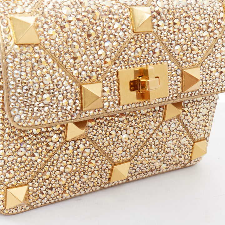 rare VALENTINO Roman Stud Medium gold crystal chain turnlock shoulder bag