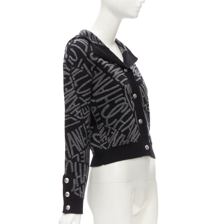 CHANEL 2021 98% cashmere black grey all over logo intarsia CC cardigan FR36 S