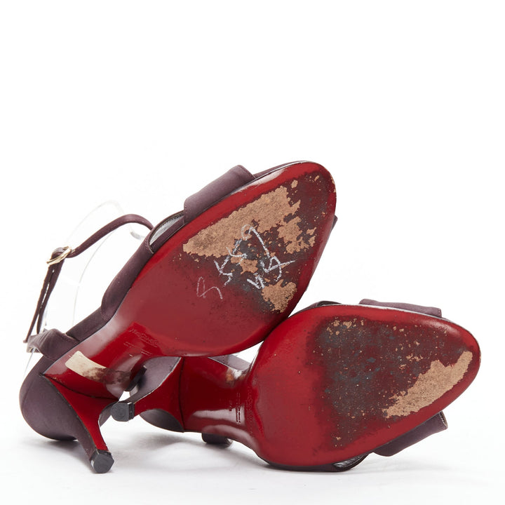 YVES SAINT LAURENT dark purple satin red sole sandal heels EU38