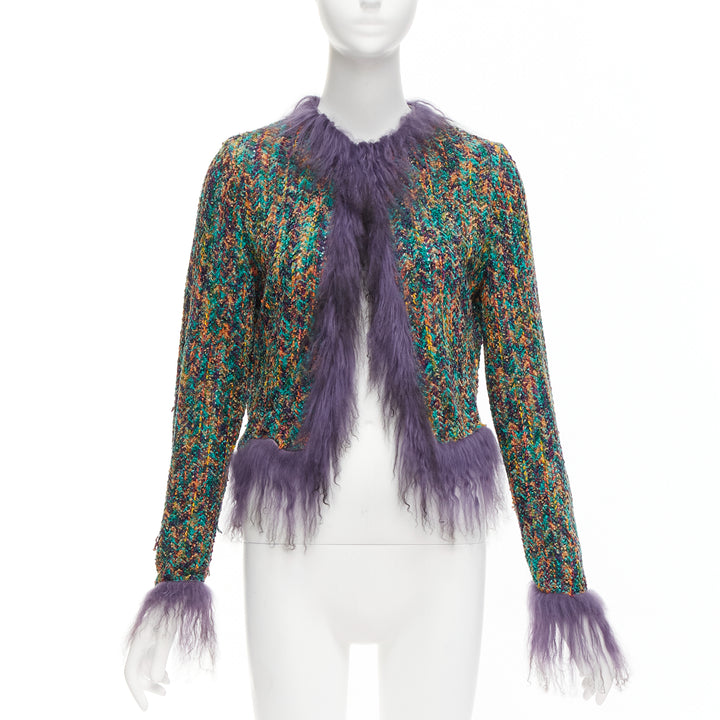 rare EMANUEL UNGARO purple faux fur trim green speckled tweed jacket IT38 XS