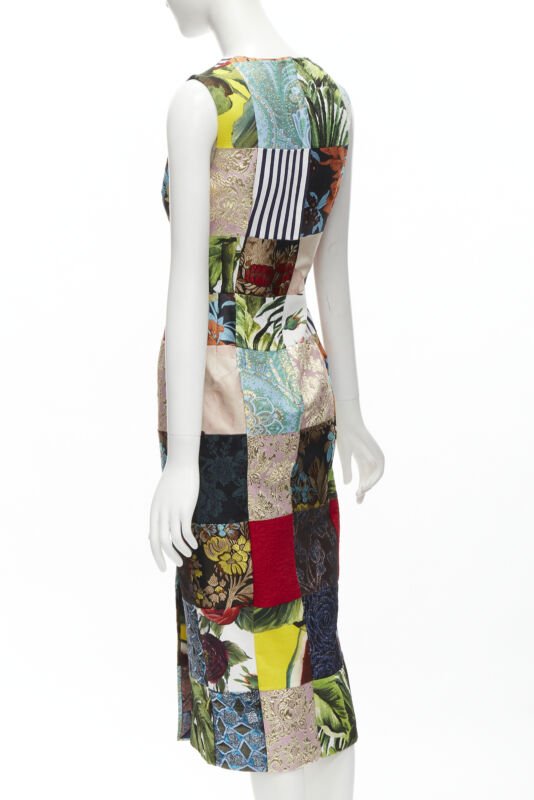 DOLCE GABBANA 2021 mixed grid patchwork jacquard front slit  midi dress IT38 XS