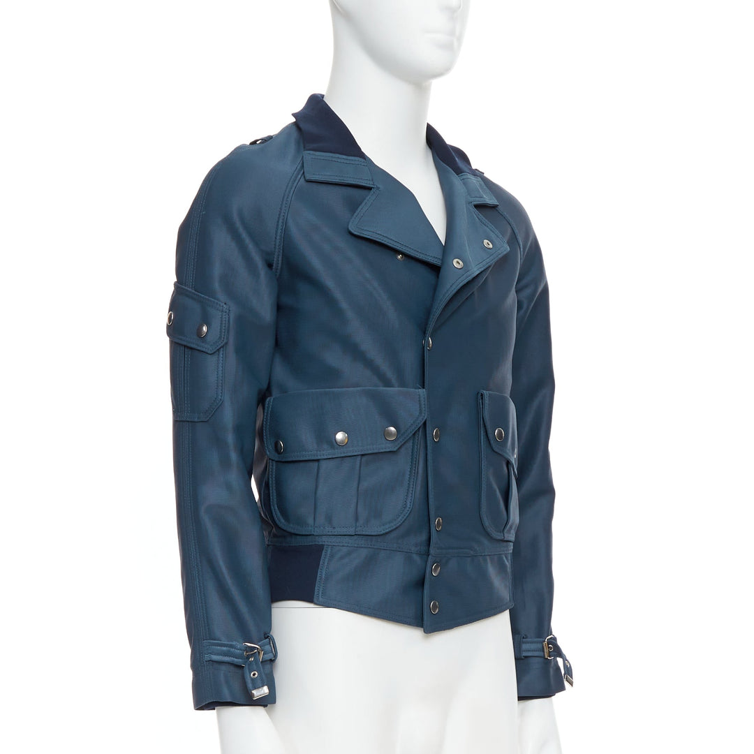 BALENCIAGA 2003 blue silver snap buttons cropped moto biker jacket FR46 S