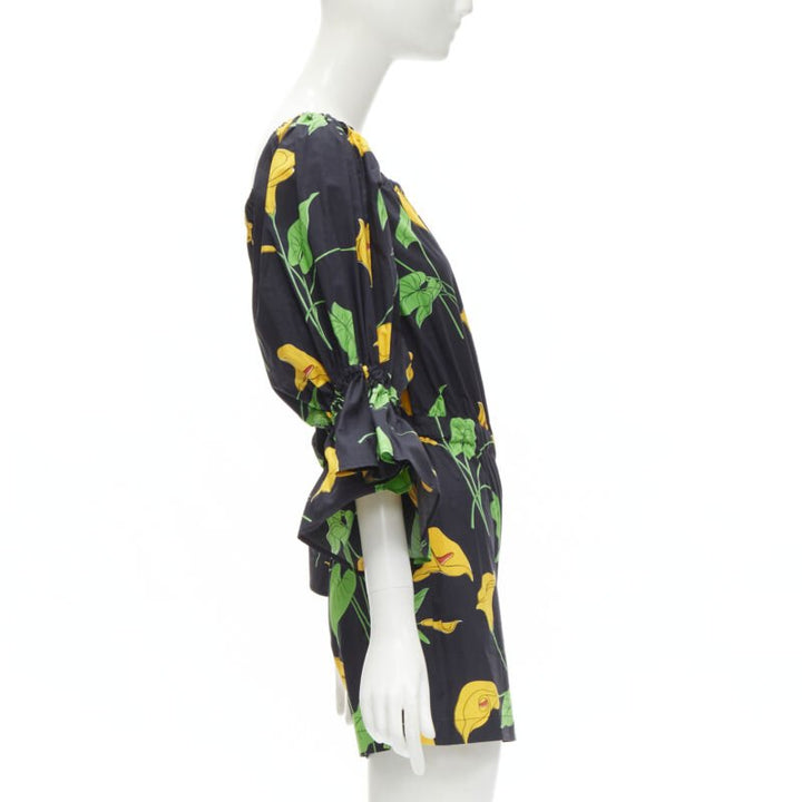 LE DOUBLE J Mantero black green yellow leaf print cotton flared cuff romper XS