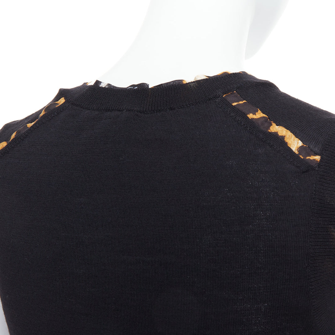 YVES SAINT LAURENT black virgin wool leopard silk trim sweater vest S