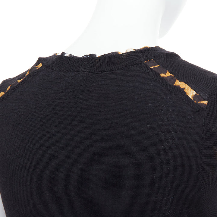YVES SAINT LAURENT black virgin wool leopard silk trim sweater vest S