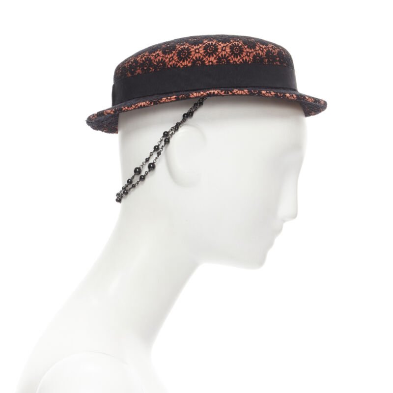 MAISON MICHEL black floral lace orange felt black pearl chain fedora hat 52cm