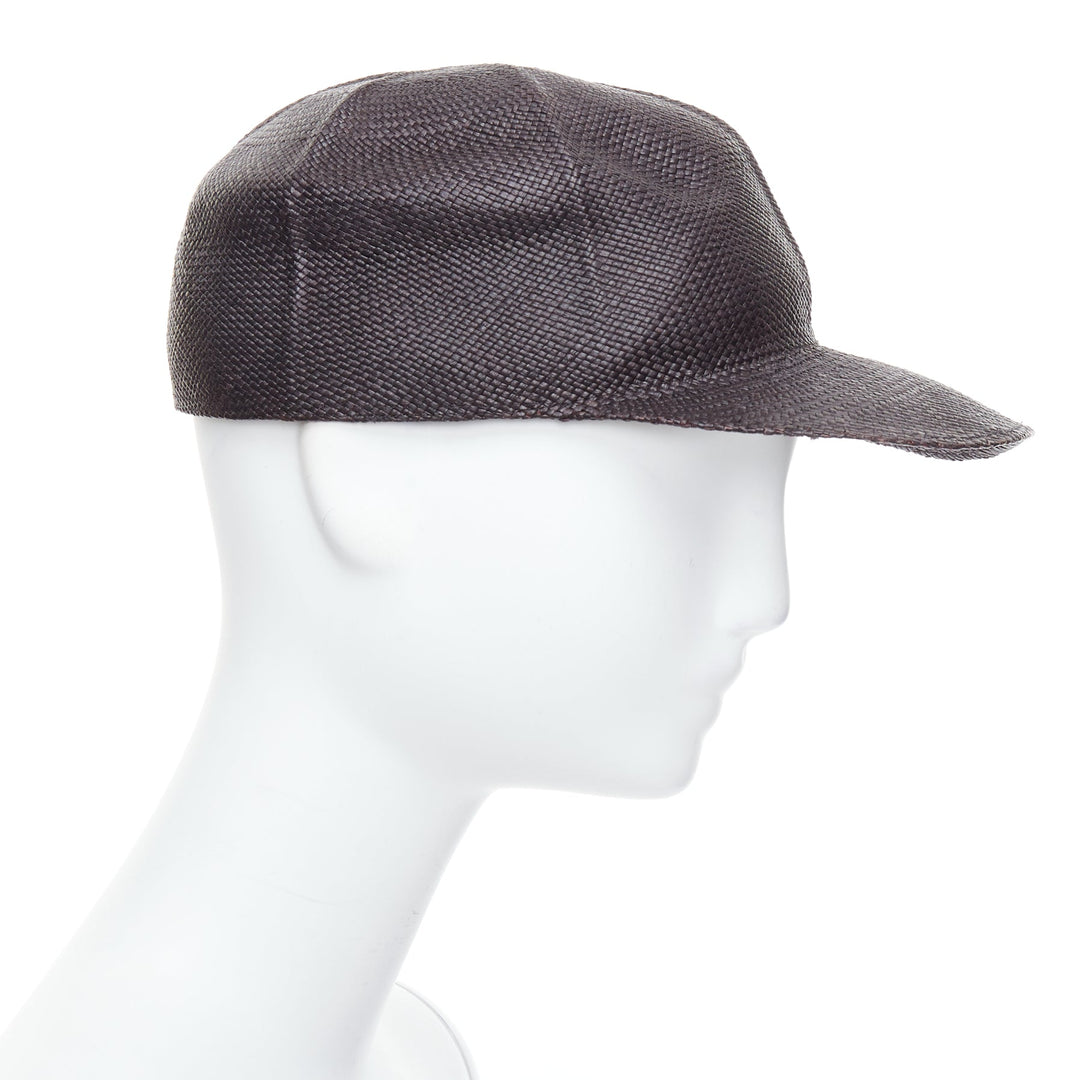 HERMES Riley Panama black straw small silver logo cotton lined cap hat 57cm
