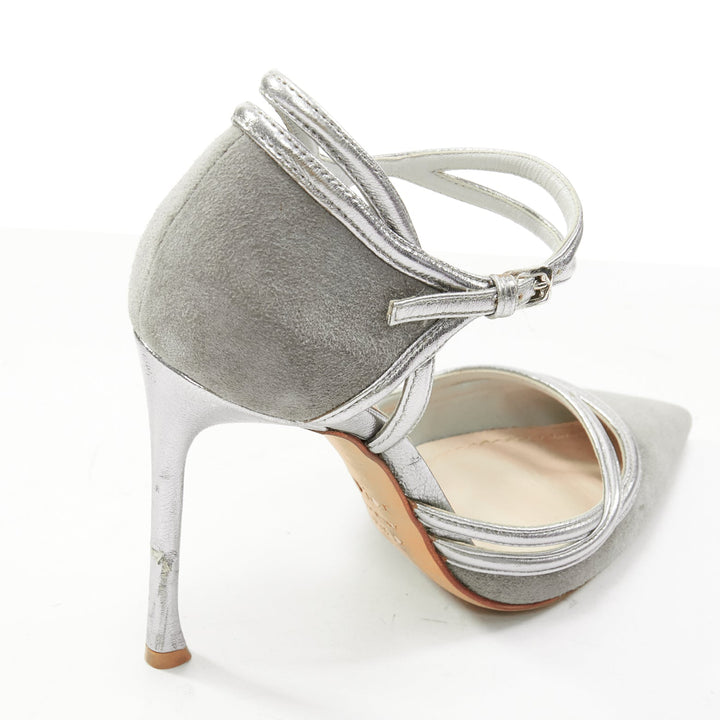 DIOR Raf Simons grey suede metallic silver trims strappy pumps EU35.5