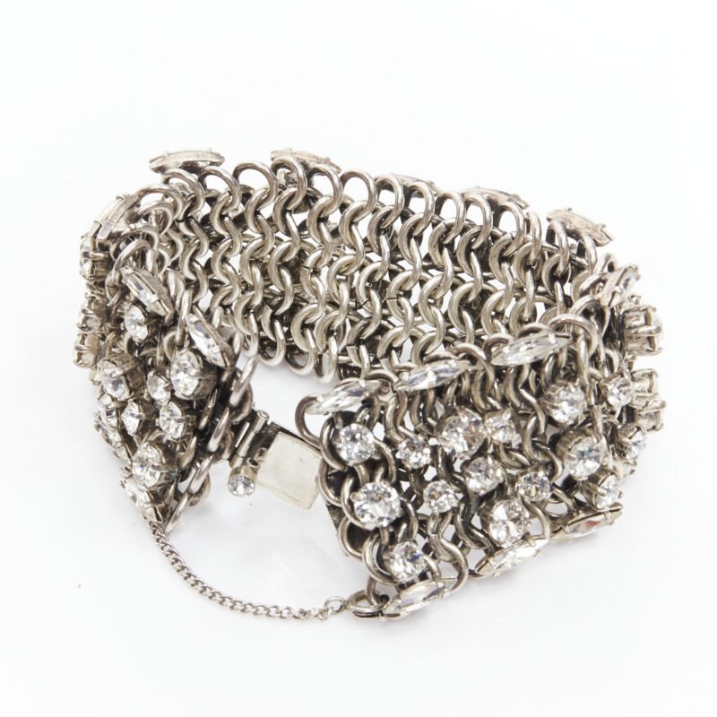 rare SAINT LAURENT Grunge Punk crystal embellished silver chain bracelet cuff