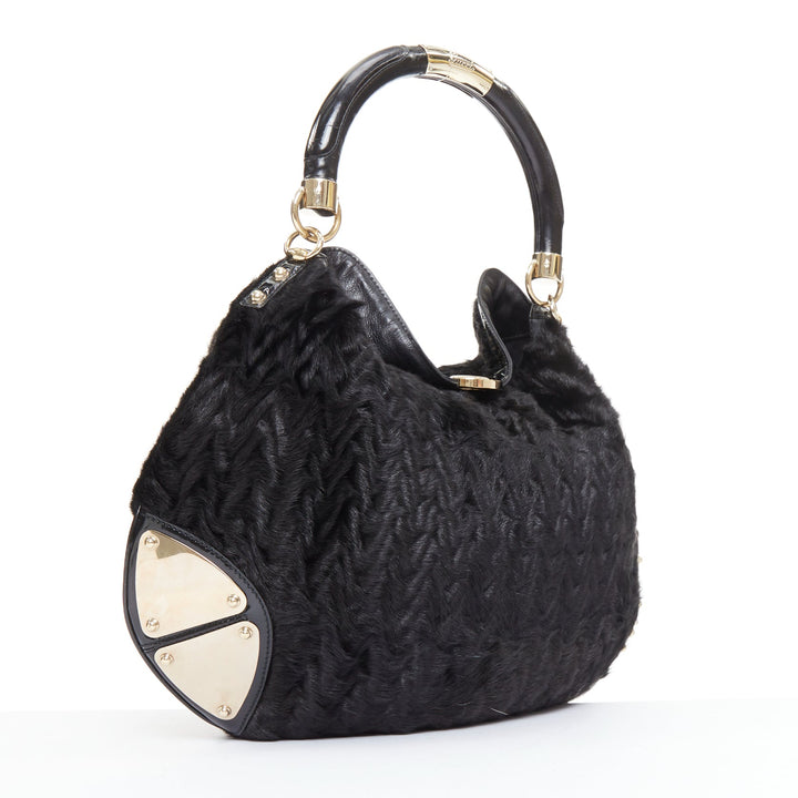 GUCCI Indy black chevron cut fur gold saddle metal handle hobo bag