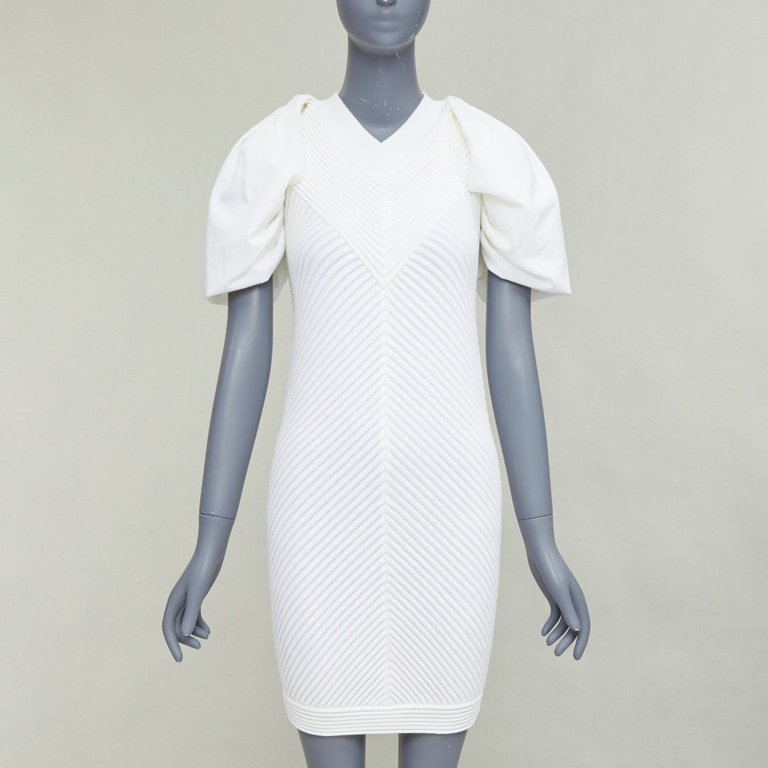 CHANEL 09P white cotton blend chevron puff sleeve CC buttons knit dress FR34 XS