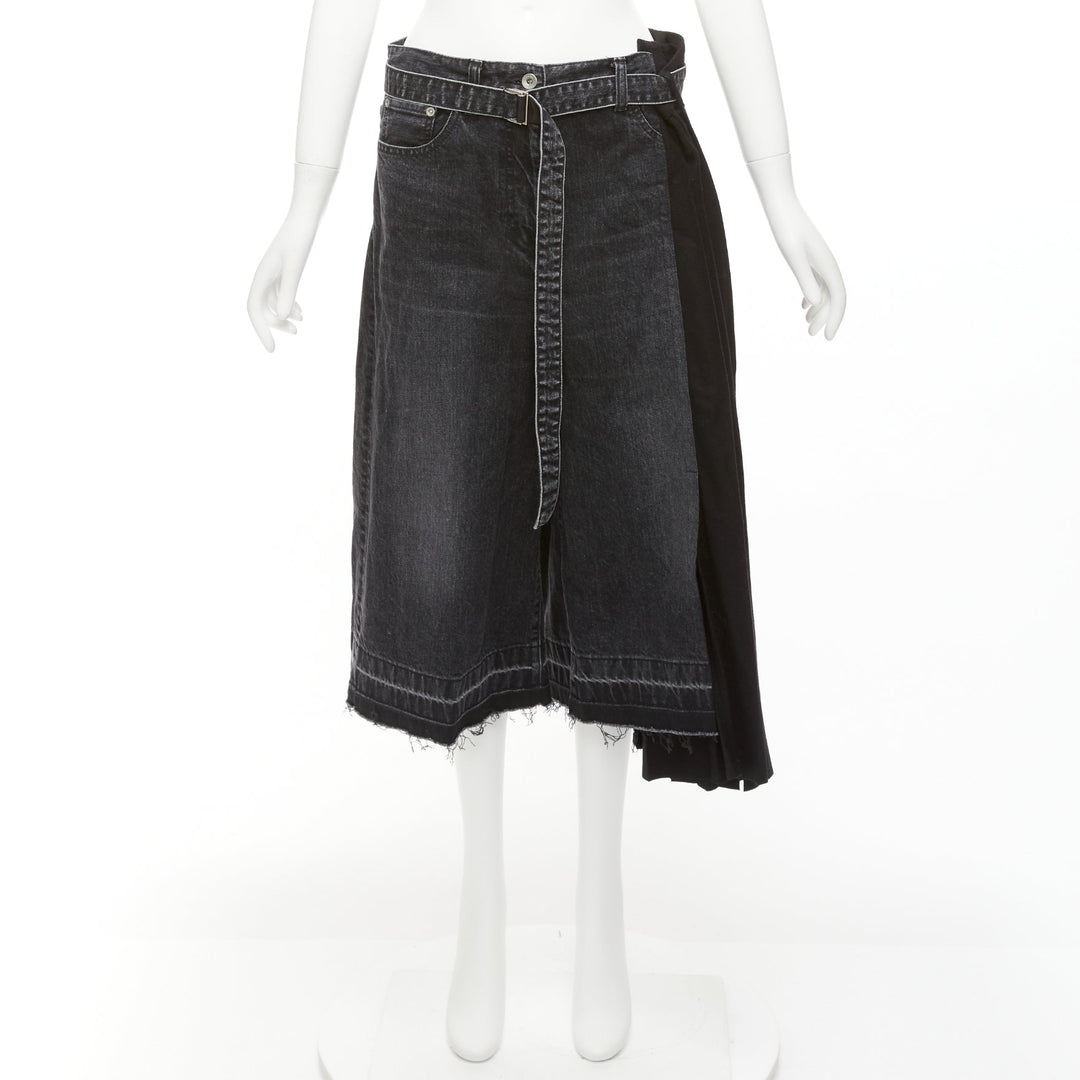 SACAI 2020 black cotton wool nylon denim pleats deconstruction shorts JP3 L