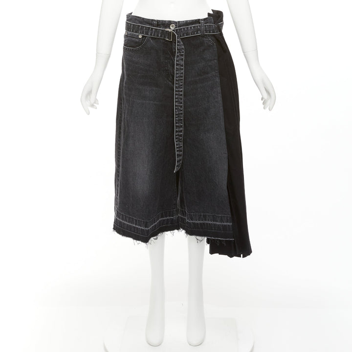 SACAI 2020 black cotton wool nylon denim pleats deconstruction shorts JP3 L