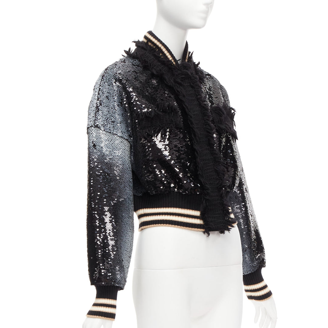 AVIU black white spray paint effect sequins cropped bomber jacket IT38