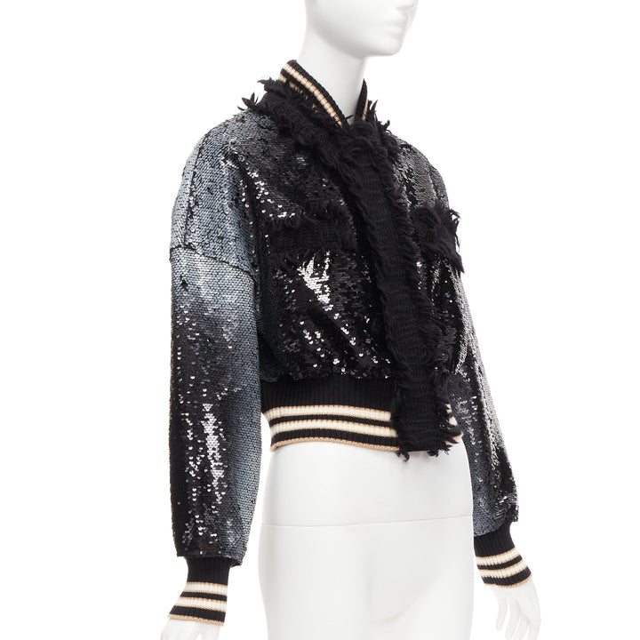 AVIU black white spray paint effect sequins cropped bomber jacket IT38