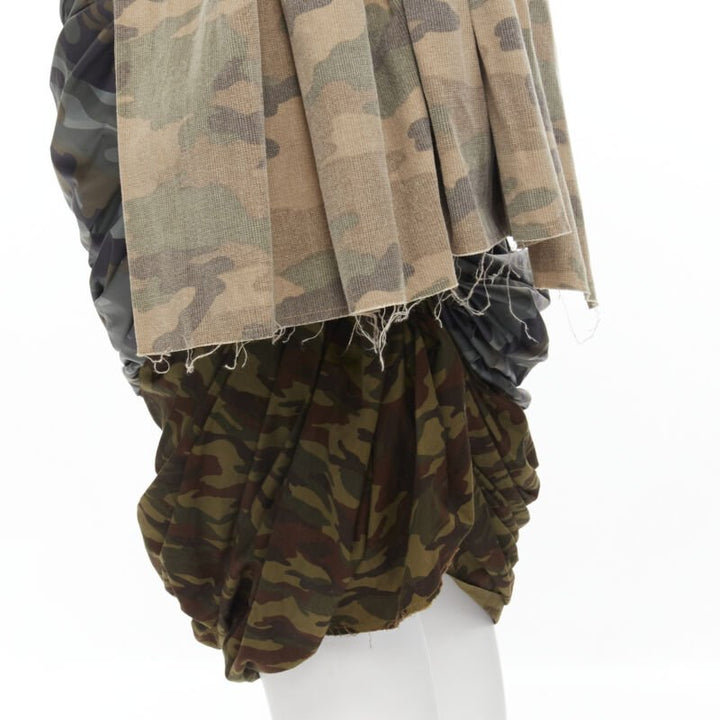COMME DES GARCONS 2005 Runway mixed cotton nylon blue green camo ruched skirt XS