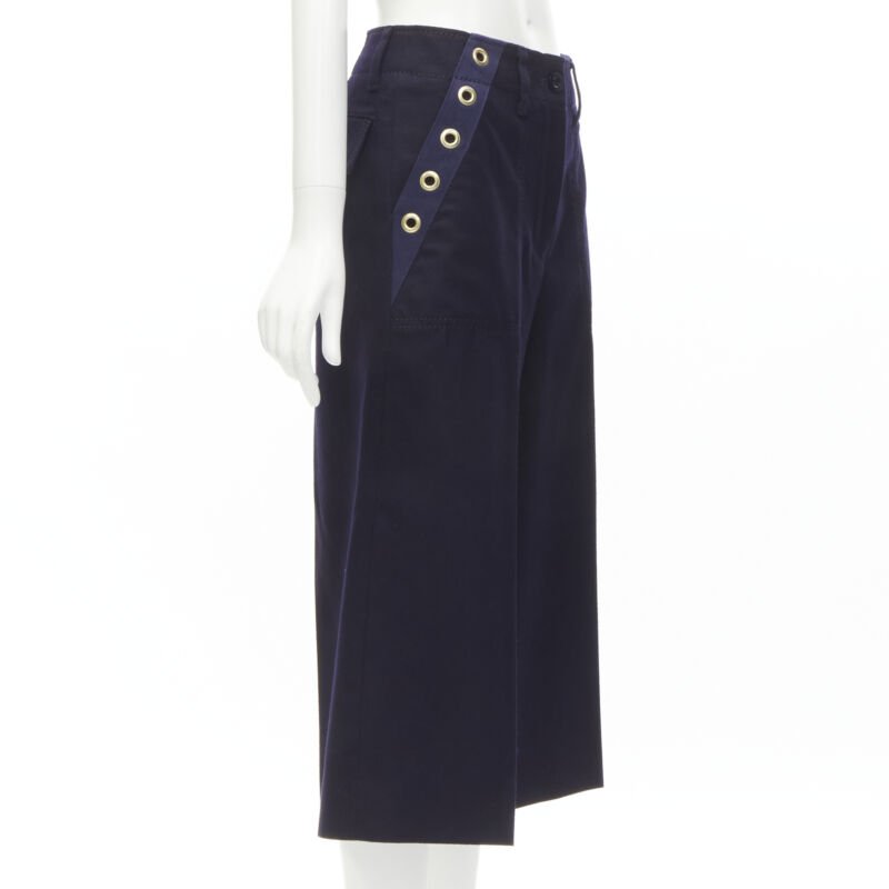 SACAI 2016 navy wool gold grommet stud trim wide leg culotte pants JP2 M