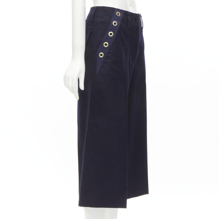 SACAI 2016 navy wool gold grommet stud trim wide leg culotte pants JP2 M