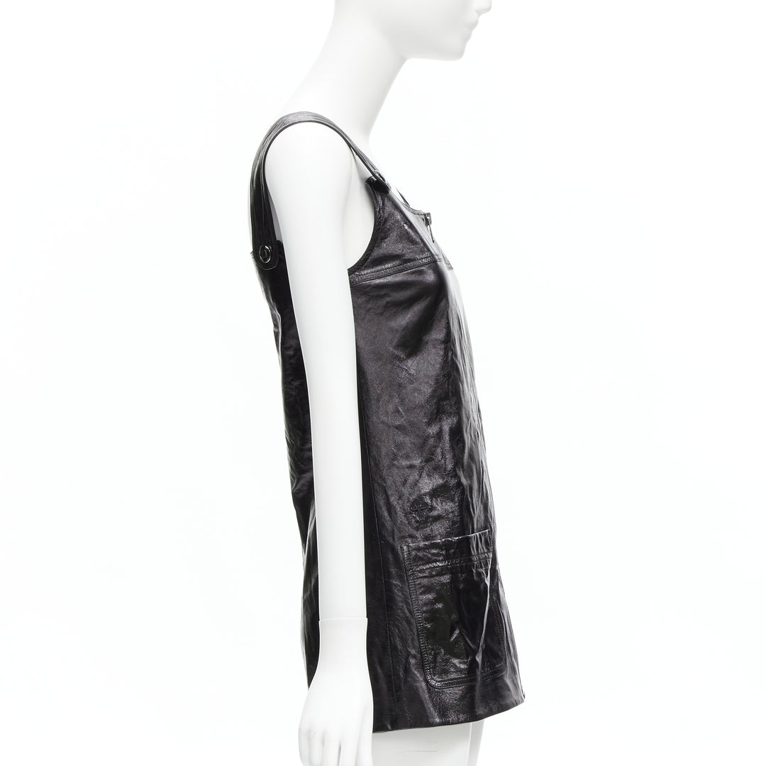 CHRISTIAN DIOR 2022 black crinkled lambskin leather CD logo dungare dress FR36 S