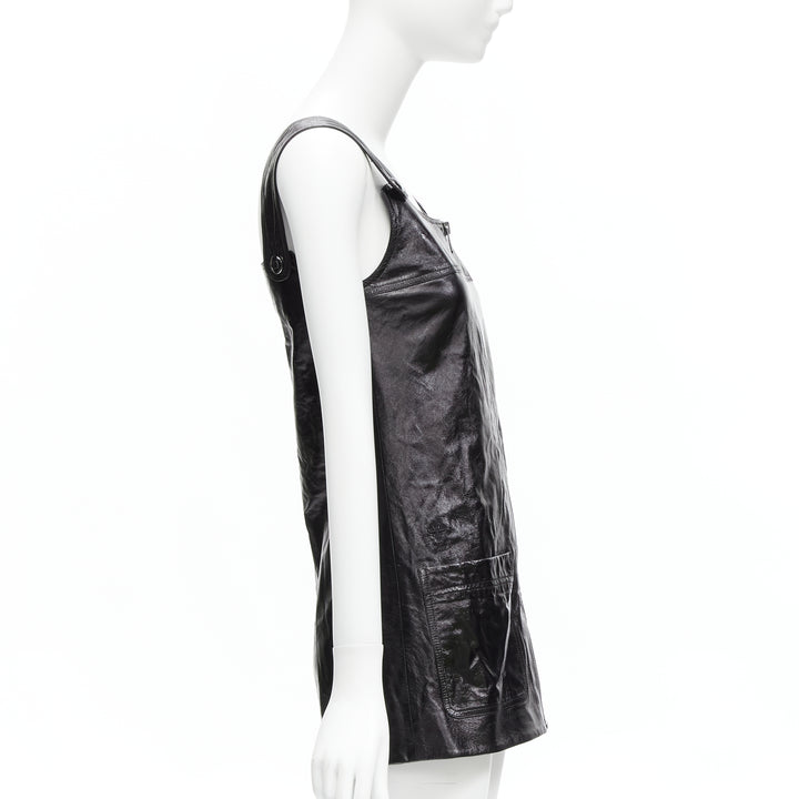 CHRISTIAN DIOR 2022 black crinkled lambskin leather CD logo dungare dress FR36 S