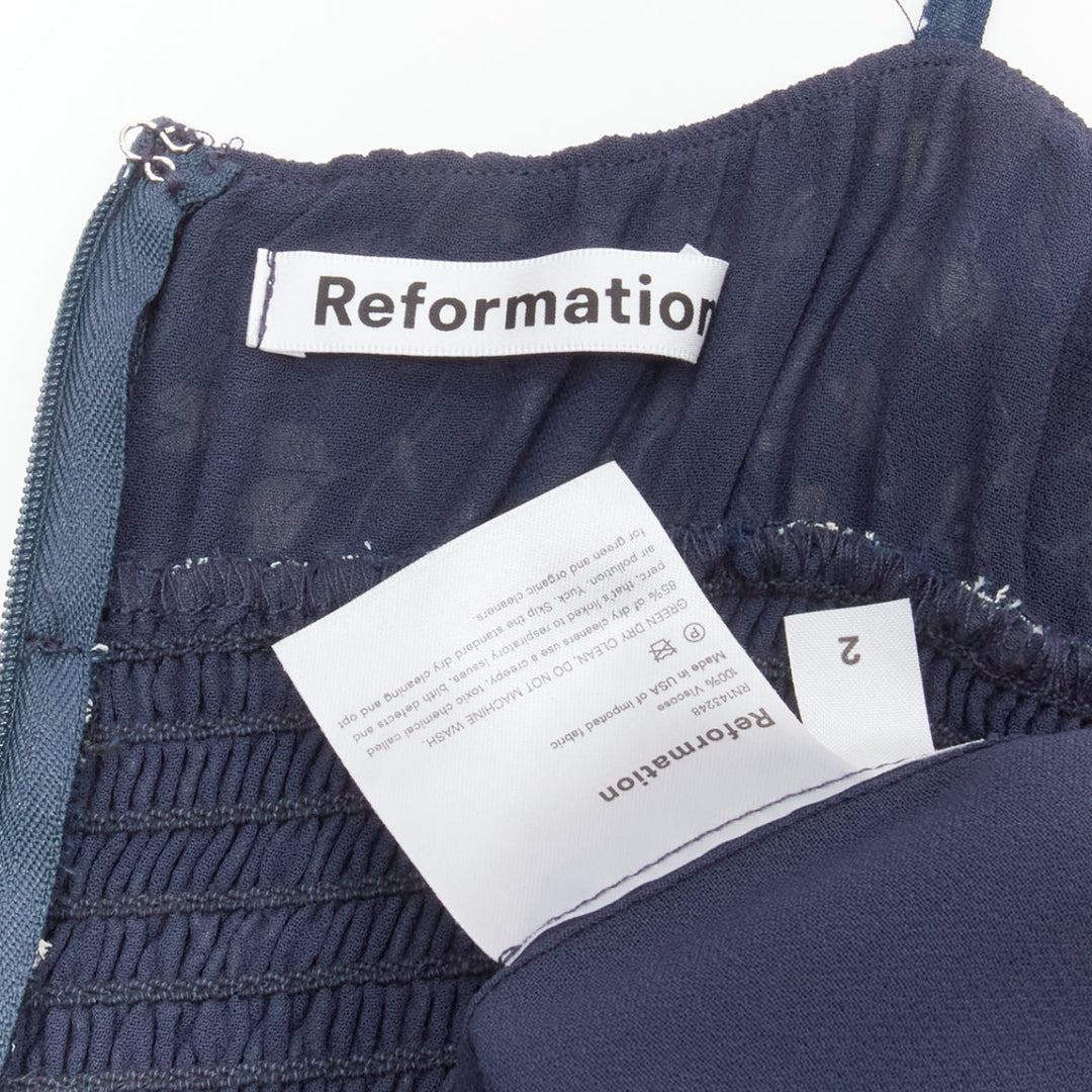 REFORMATION Elyse white navy floral print smocked bodice mini dress US2 S