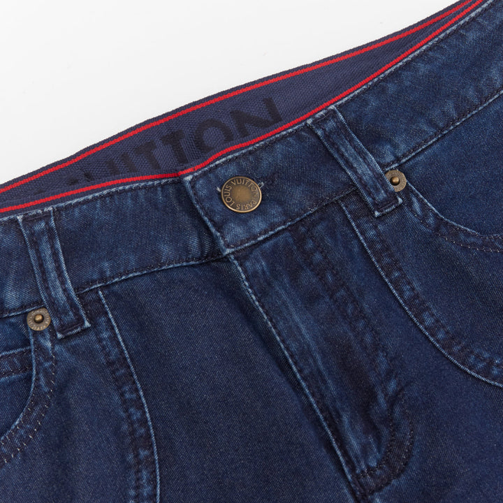 LOUIS VUITTON blue washed denim patchwork logo skinny motorcycle jeans FR34 XS