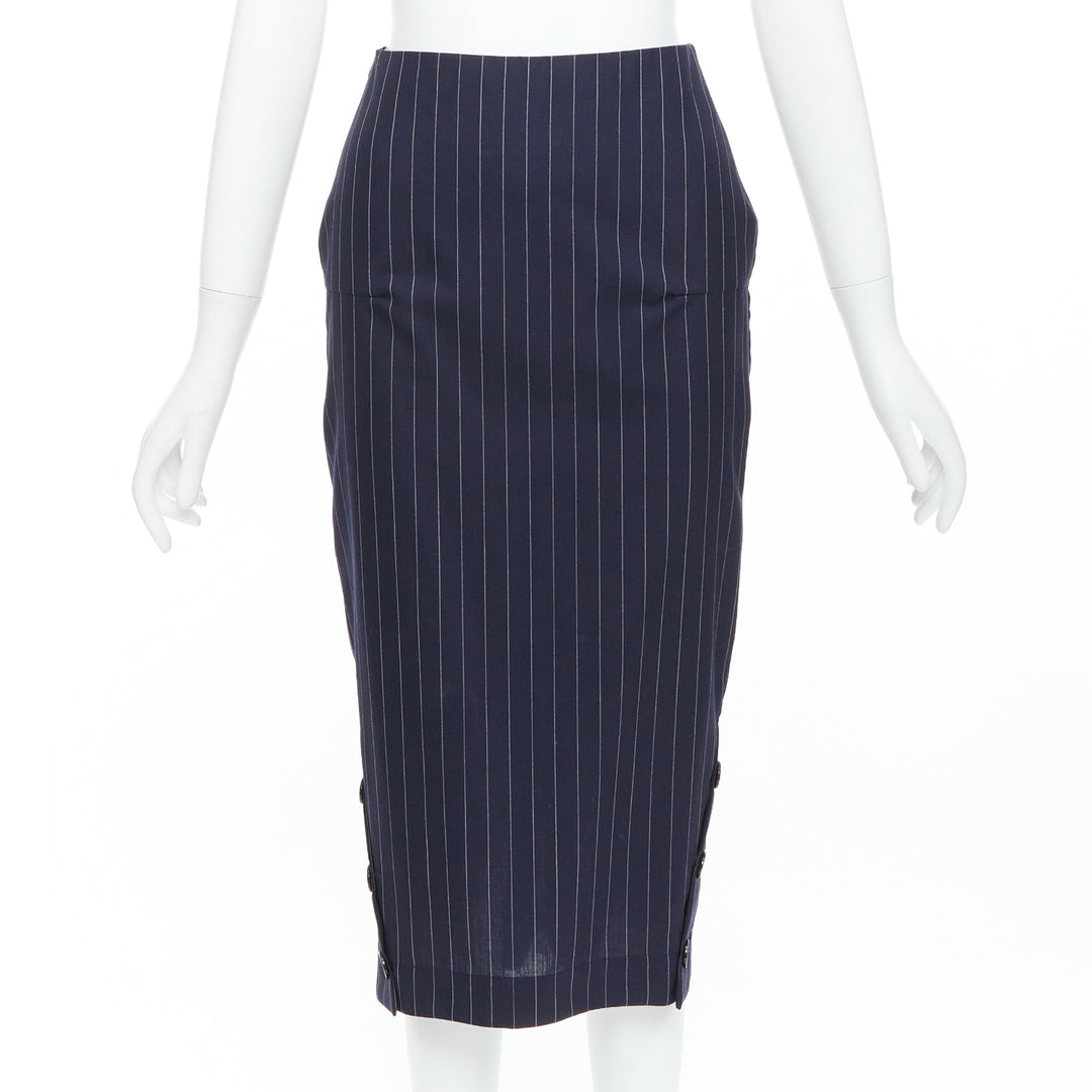 VICTORIA BECKHAM 100% wool navy pinstriped 2-way zip pencil skirt UK6 XS