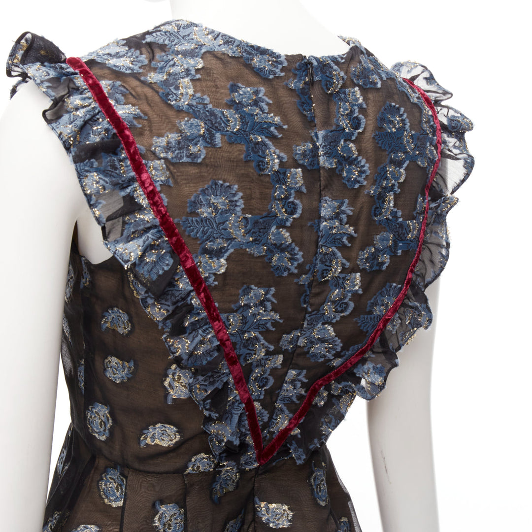 ERDEM 2016 multicolour velvet trim gold blue jacquard frill peplum top UK6 XS