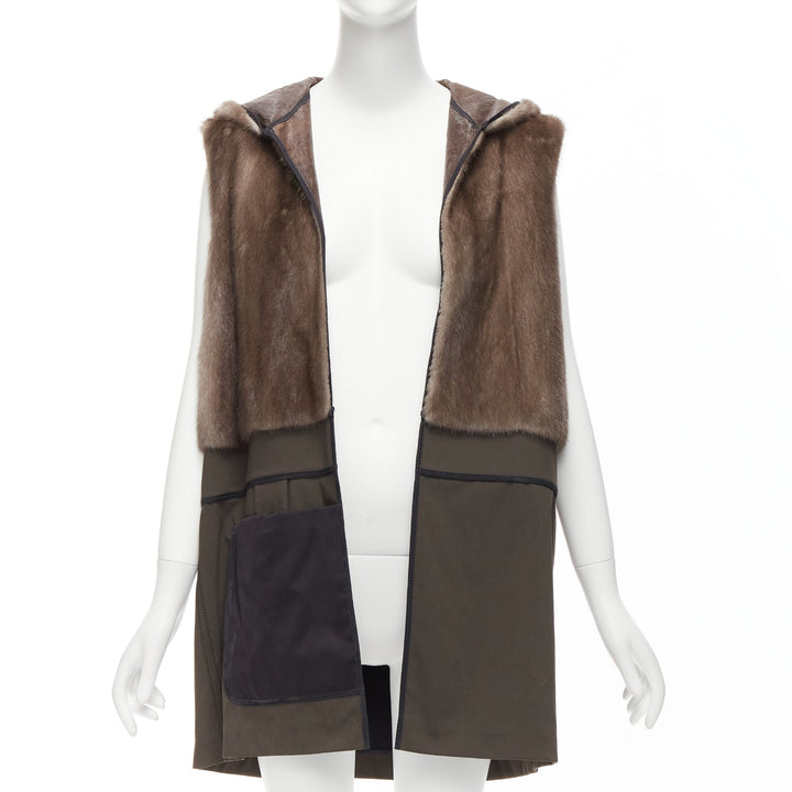 MARNI Mink Gilet Reversible brown colorblocked textured fur hooded vest IT40 S