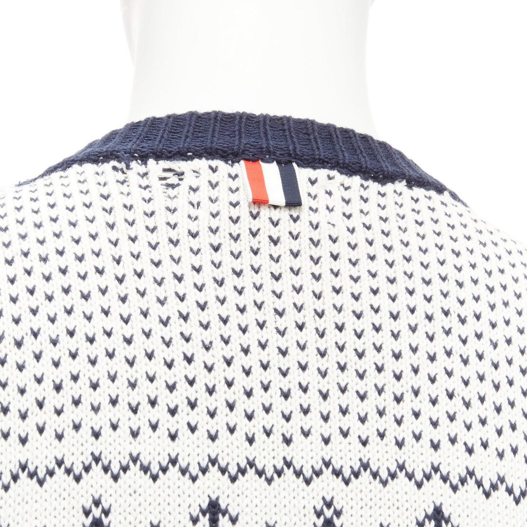 THOM BROWNE off white navy nautical octopus intarsia  ringer sweater SZ.3 L