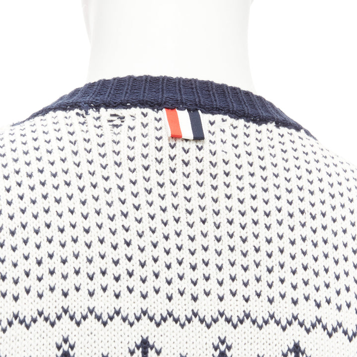 THOM BROWNE off white navy nautical octopus intarsia  ringer sweater SZ.3 L