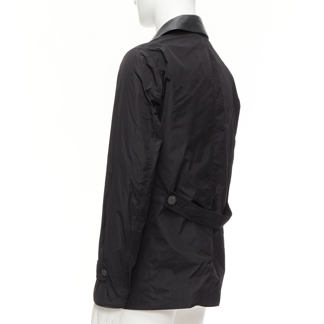 BURBERRY black textured leather trim nylon single breast trench coat IT48 M