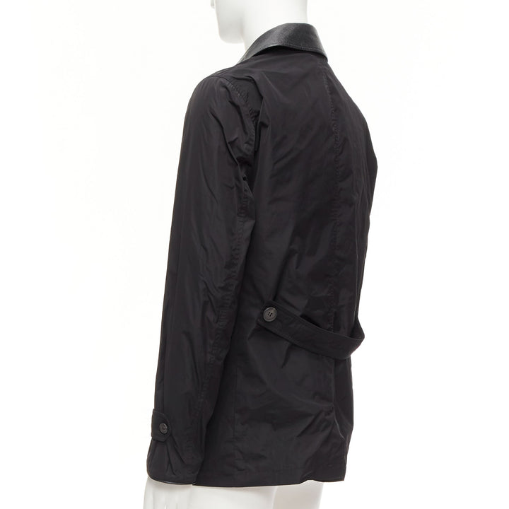 BURBERRY black textured leather trim nylon single breast trench coat IT48 M