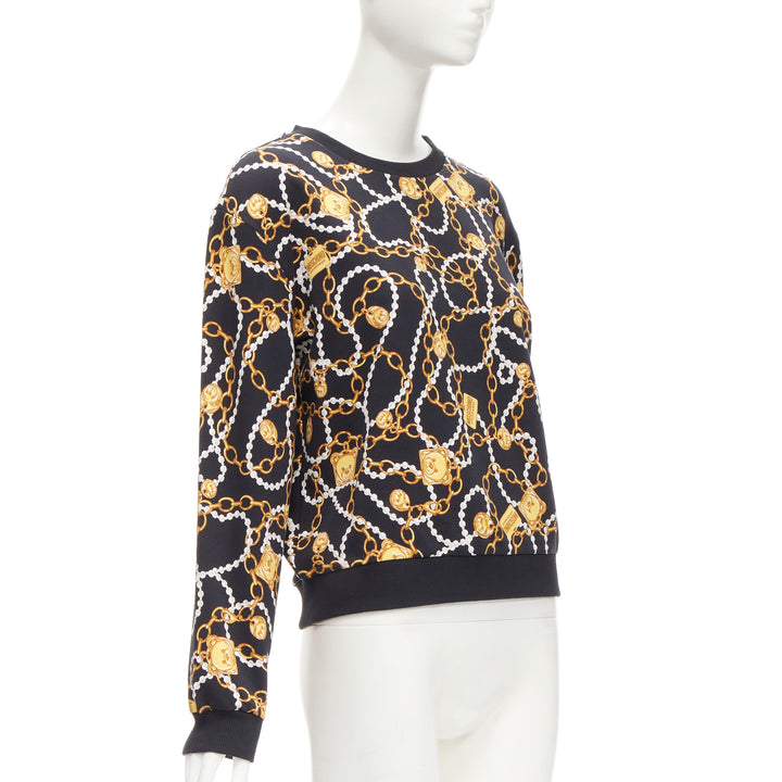 MOSCHINO black gold teddy bear chain pearl print sweatshirt S
