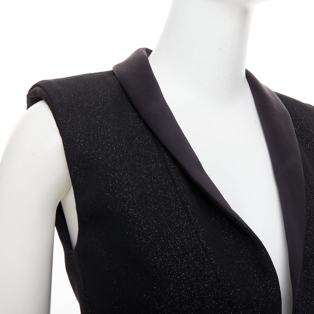 CHANEL black wool lurex pearl crystal button satin shawl collar vest FR36 S