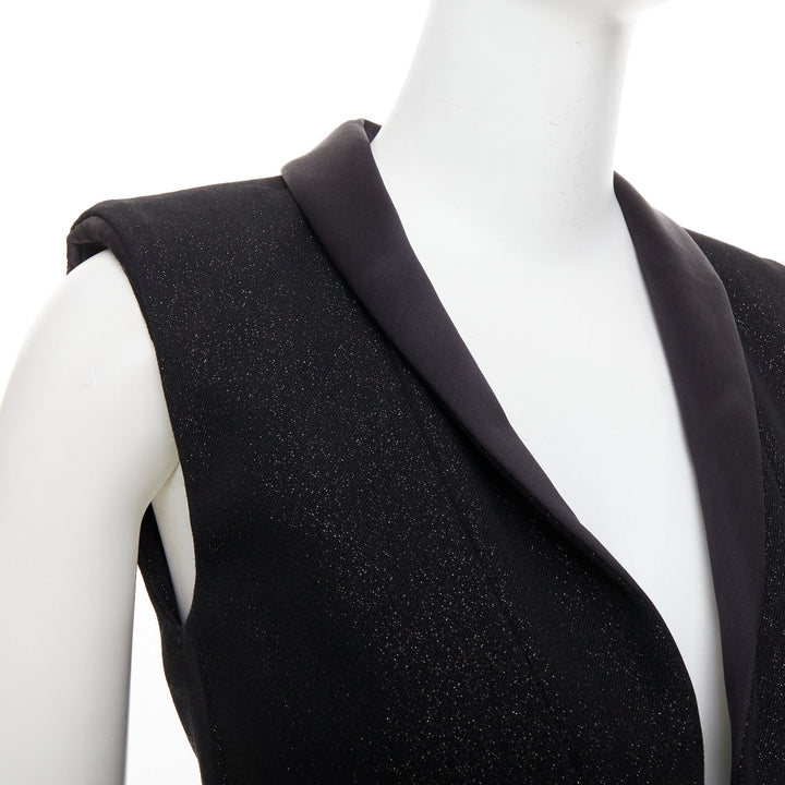 CHANEL black wool lurex pearl crystal button satin shawl collar vest FR36 S