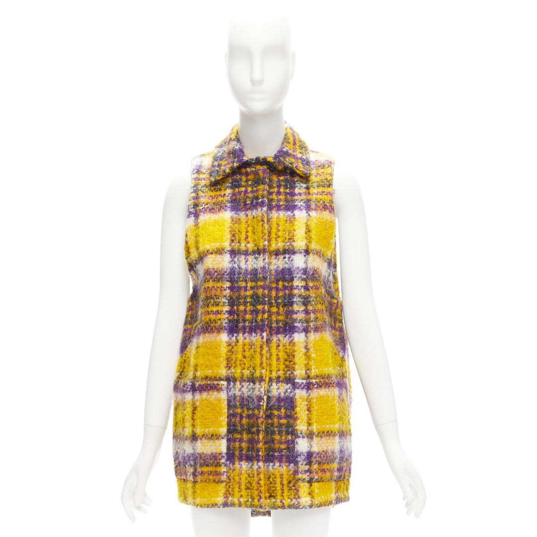 MARNI yellow purple plaid check mohair blend boxy sleeveless coat IT36 XS