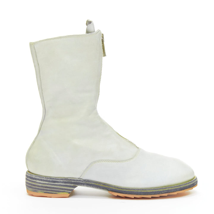 GUIDI light grey tumbled washed soft leather zip front boot EU37