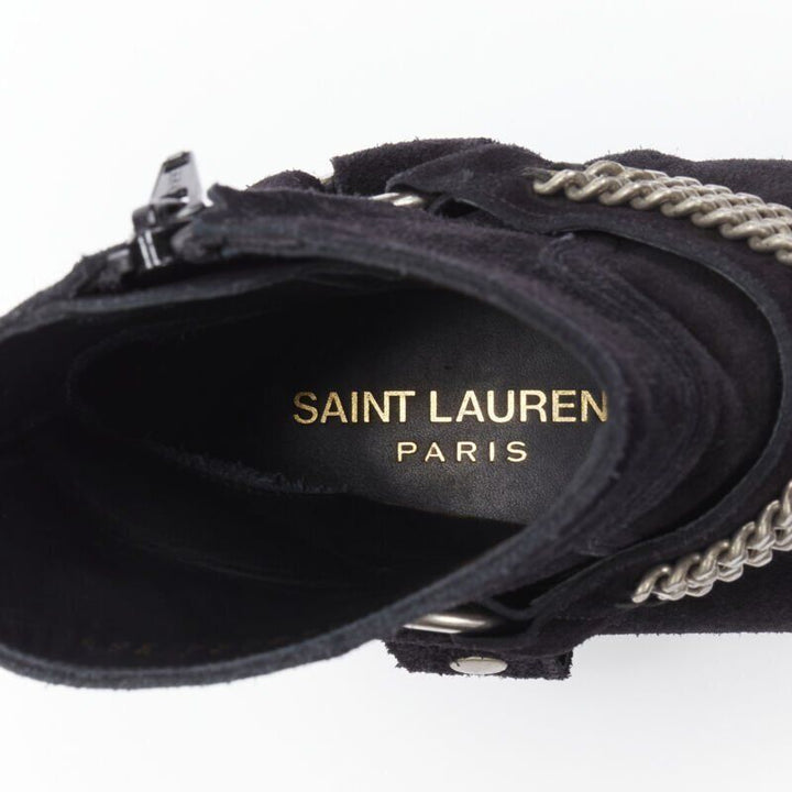 SAINT LAURENT Wyatt 40 black suede silver chain harness ankle boot EU36.5