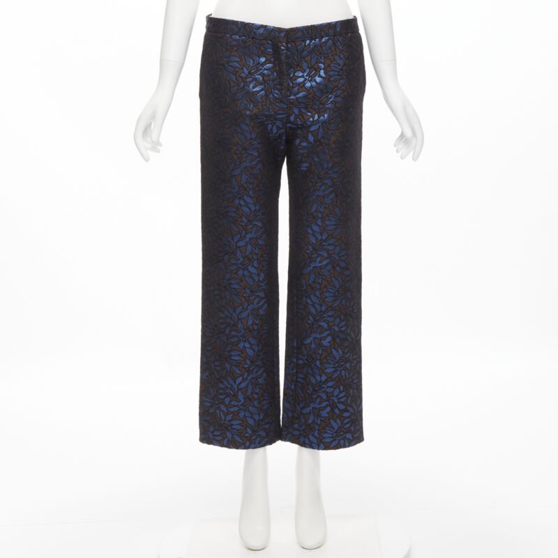 MARNI metallic blue brown floral jacquard wide leg trousers pants IT42 M