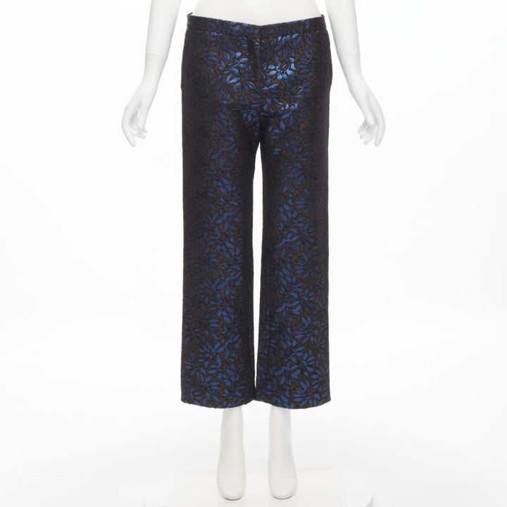 MARNI metallic blue brown floral jacquard wide leg trousers pants IT42 M